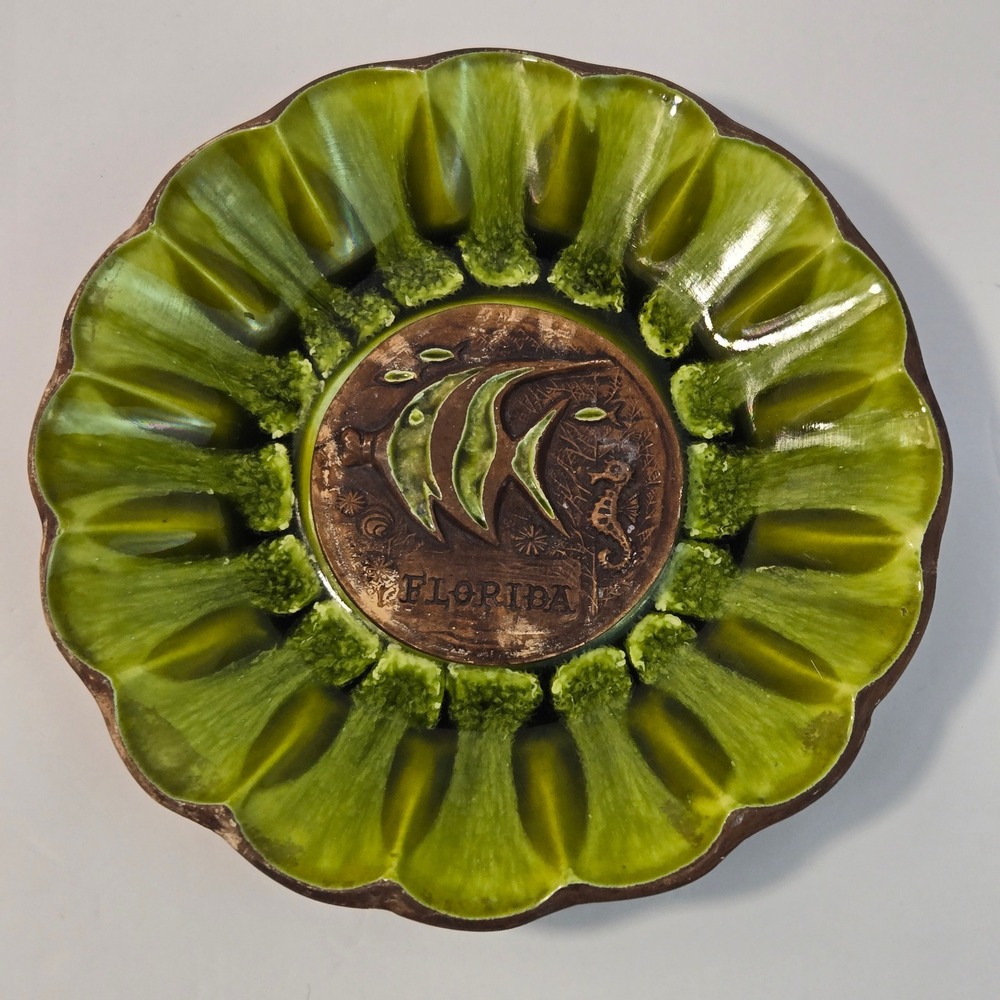 Treasure Craft Florida Souvenir Plate Green Drip Glaze Angelfish Seahorse 8"